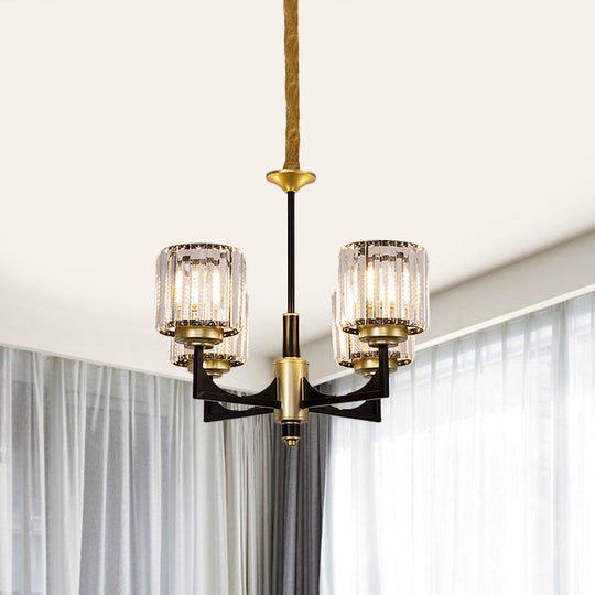 Modern Black & Gold Cylinder Chandelier with Clear Crystal Glass - 4/6 Head Dining Room Pendant