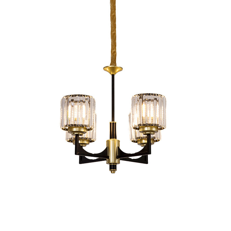 Modern Black & Gold Cylinder Chandelier with Clear Crystal Glass - 4/6 Head Dining Room Pendant