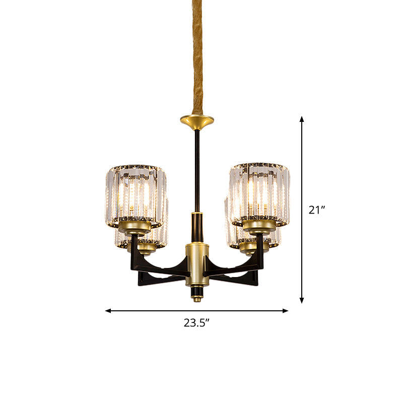 Modern Black & Gold Cylinder Chandelier with Clear Crystal Glass - 4/6 Head Dining Room Pendant