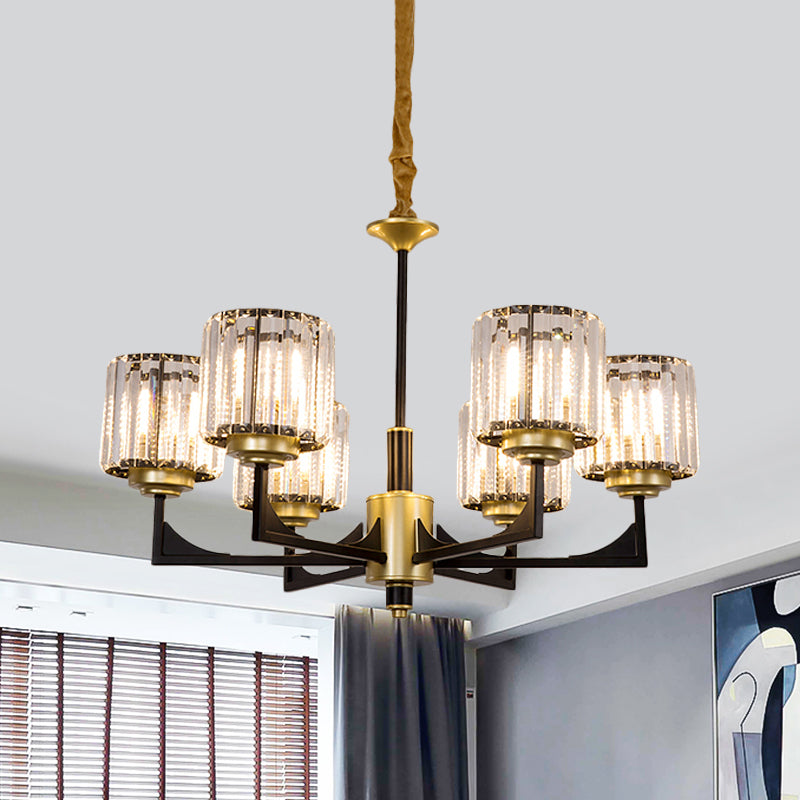 Modern Black & Gold Cylinder Chandelier with Clear Crystal Glass - 4/6 Head Dining Room Pendant