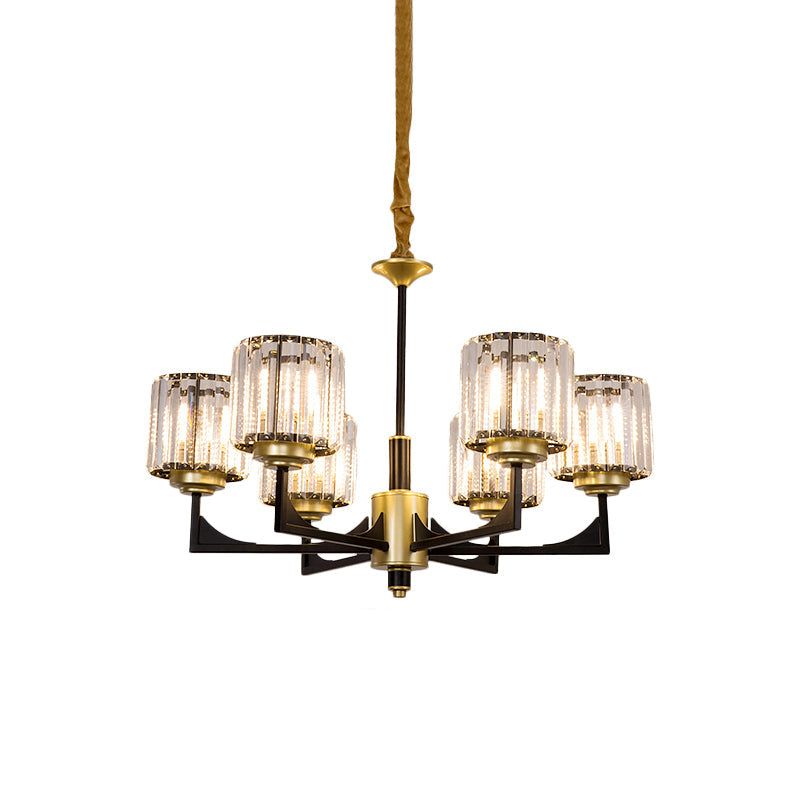 Modern Black And Gold Cylinder Chandelier With Clear Crystal Glass - 4/6 Head Dining Room Pendant