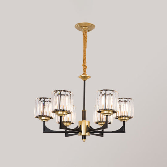 Modern Black And Gold Cylinder Chandelier With Clear Crystal Glass - 4/6 Head Dining Room Pendant