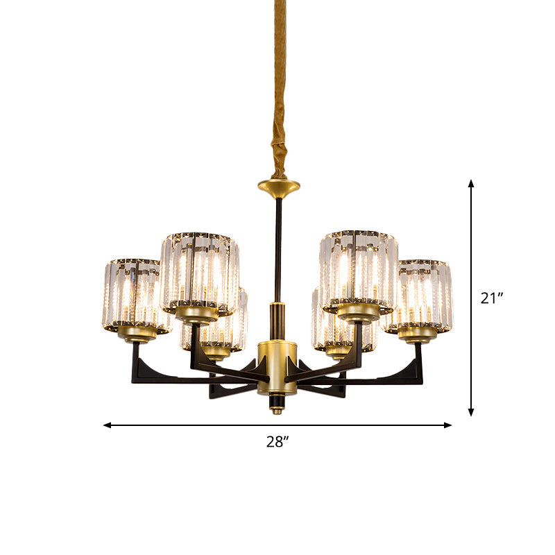 Modern Black & Gold Cylinder Chandelier with Clear Crystal Glass - 4/6 Head Dining Room Pendant