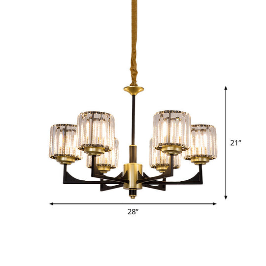 Modern Black & Gold Cylinder Chandelier with Clear Crystal Glass - 4/6 Head Dining Room Pendant