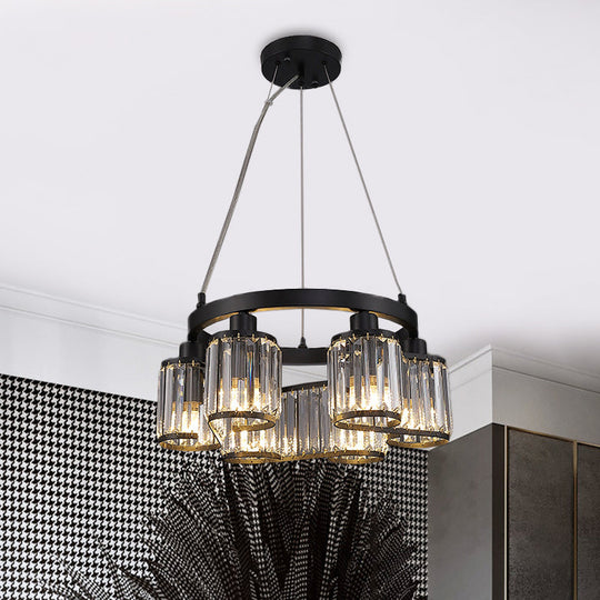 Modern Cylindrical Clear Crystal Black Suspension Chandelier - 6/8 Lights