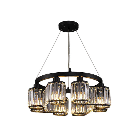 6/8 Light Modern Cylindrical Black Crystal Suspension Chandelier