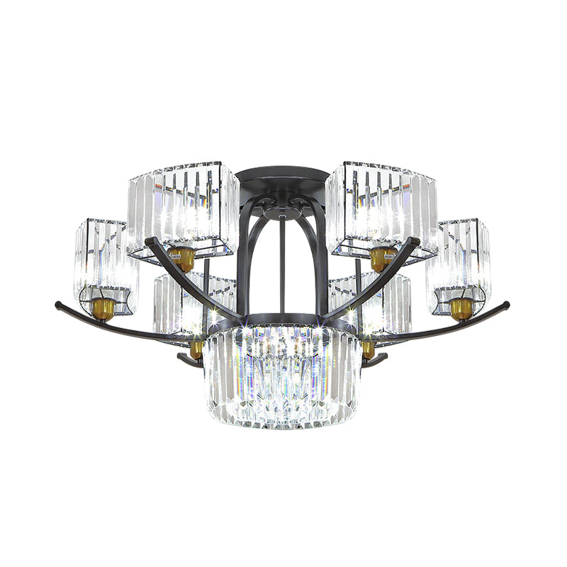 Modern Sputnik Crystal Block Flush Light Fixture - 9/12 Head Semi Flush Mount in Black