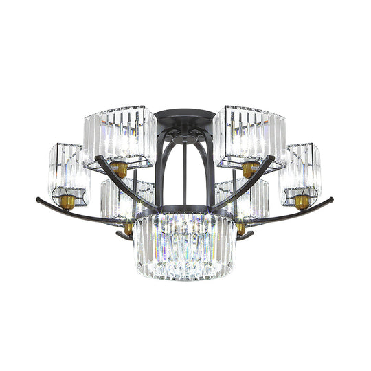 Modern Sputnik Crystal Block Flush Light Fixture - 9/12 Head Semi Flush Mount in Black