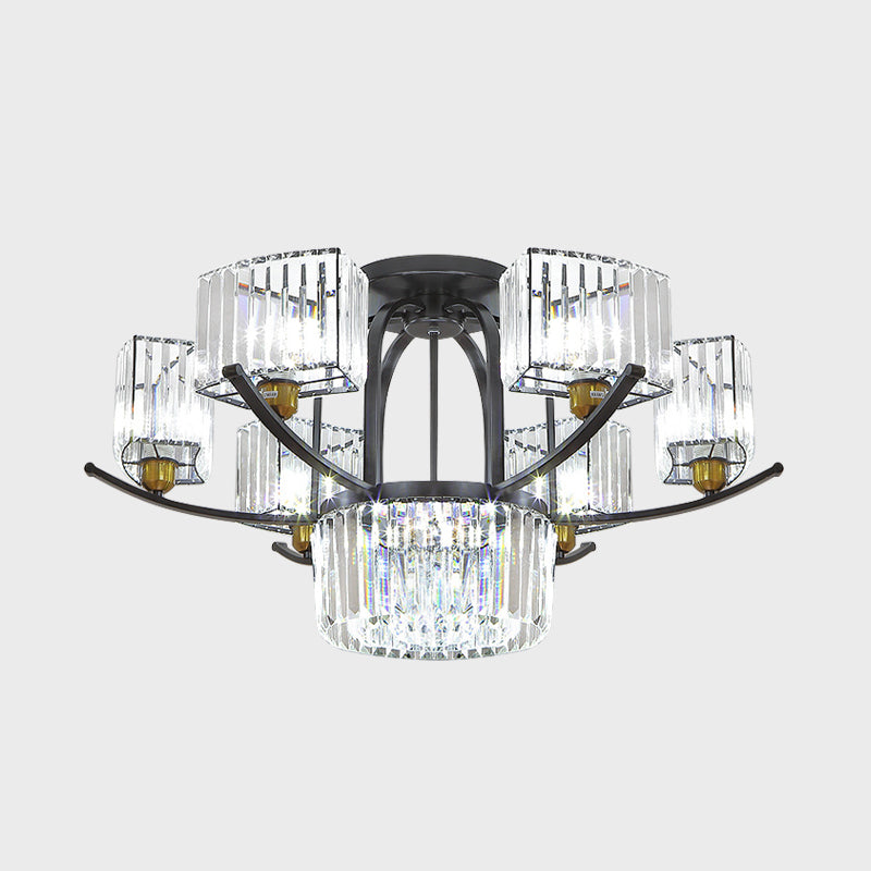 Modern Sputnik Crystal Block Flush Light Fixture - 9/12 Head Semi Flush Mount in Black