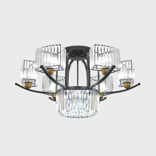 Modern Sputnik Crystal Block Flush Light Fixture - 9/12 Head Semi Flush Mount in Black