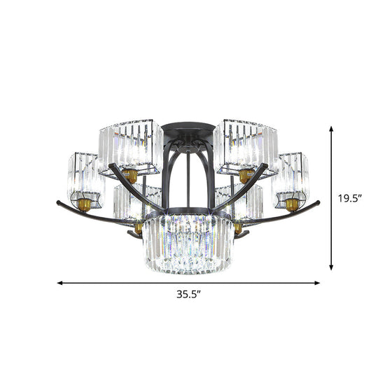 Modern Sputnik Crystal Block Flush Light Fixture - 9/12 Head Semi Flush Mount in Black