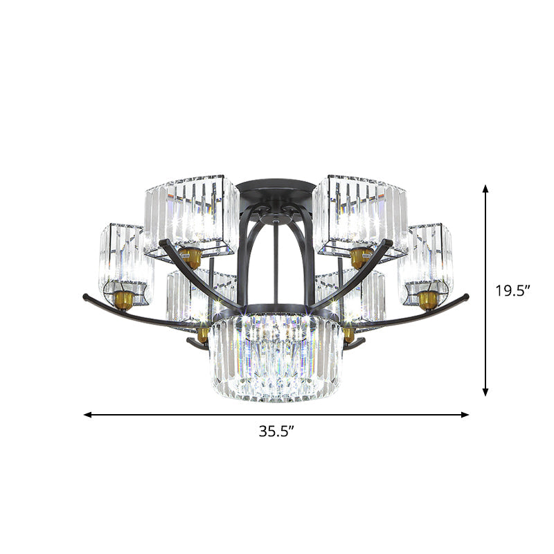 Modern Sputnik Crystal Block Flush Light Fixture - 9/12 Head Semi Mount In Black