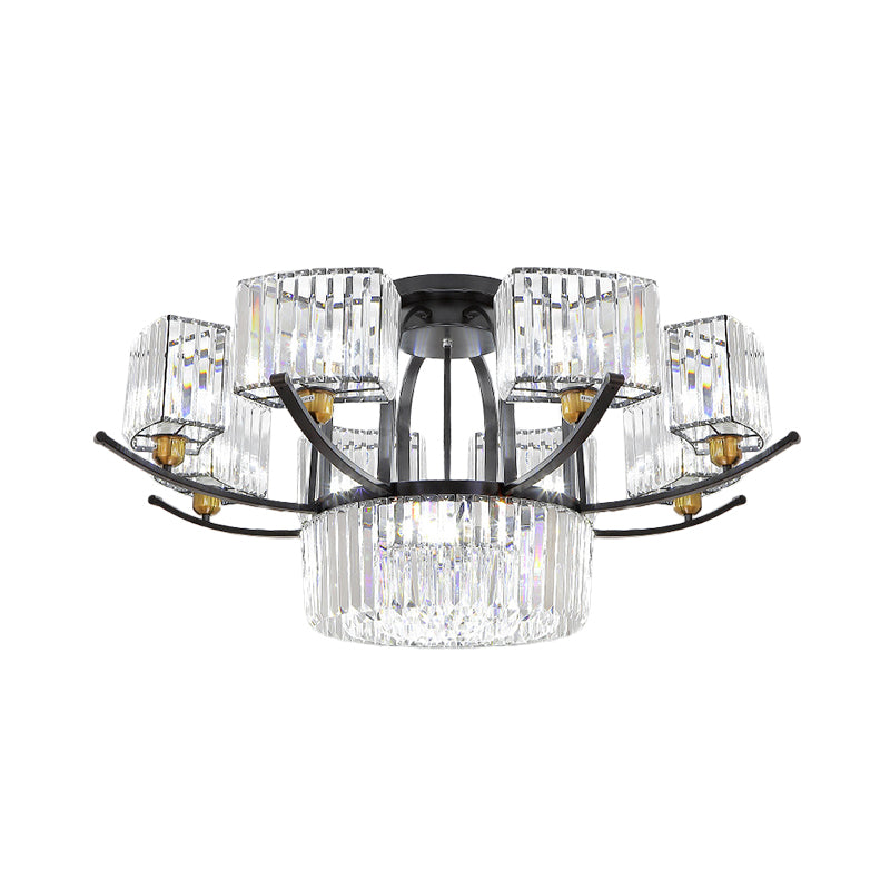 Modern Sputnik Crystal Block Flush Light Fixture - 9/12 Head Semi Flush Mount in Black