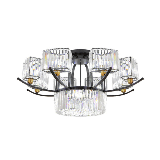 Modern Sputnik Crystal Block Flush Light Fixture - 9/12 Head Semi Flush Mount in Black