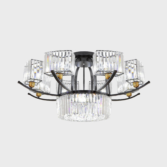 Modern Sputnik Crystal Block Flush Light Fixture - 9/12 Head Semi Flush Mount in Black