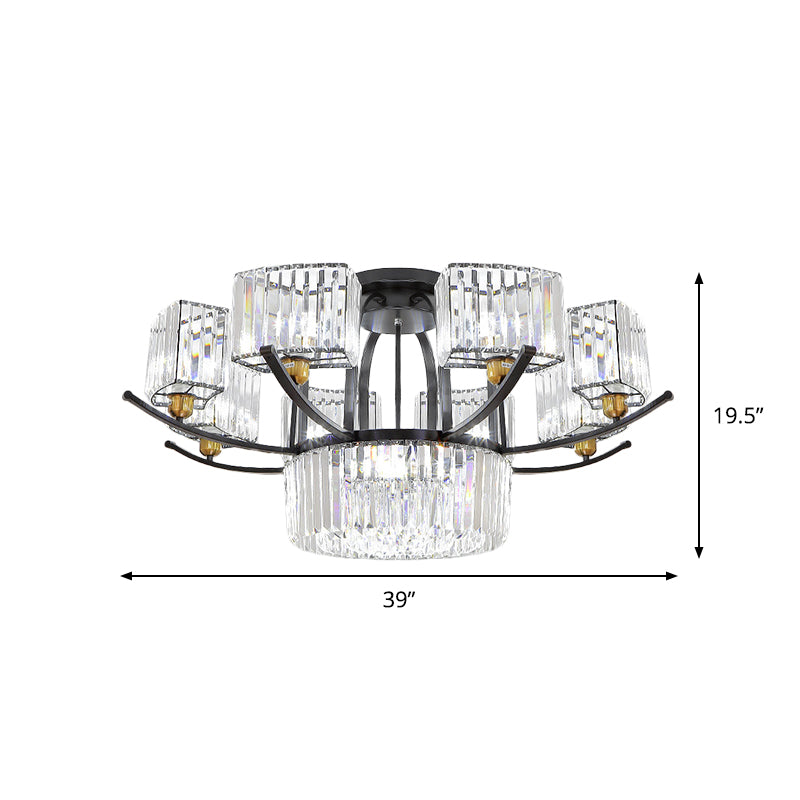 Modern Sputnik Crystal Block Flush Light Fixture - 9/12 Head Semi Mount In Black