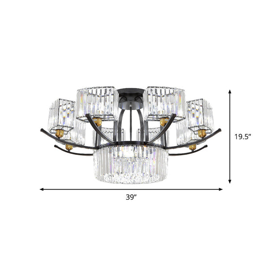 Modern Sputnik Crystal Block Flush Light Fixture - 9/12 Head Semi Mount In Black