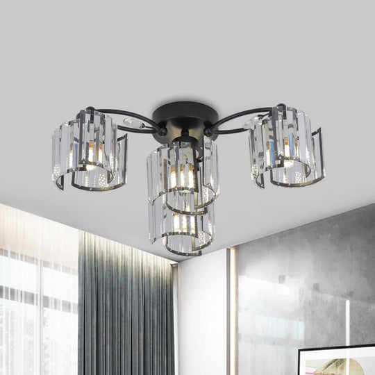 Contemporary Clear Crystal Block Semi-Mount 4/6-Light Fixture - Black Finish