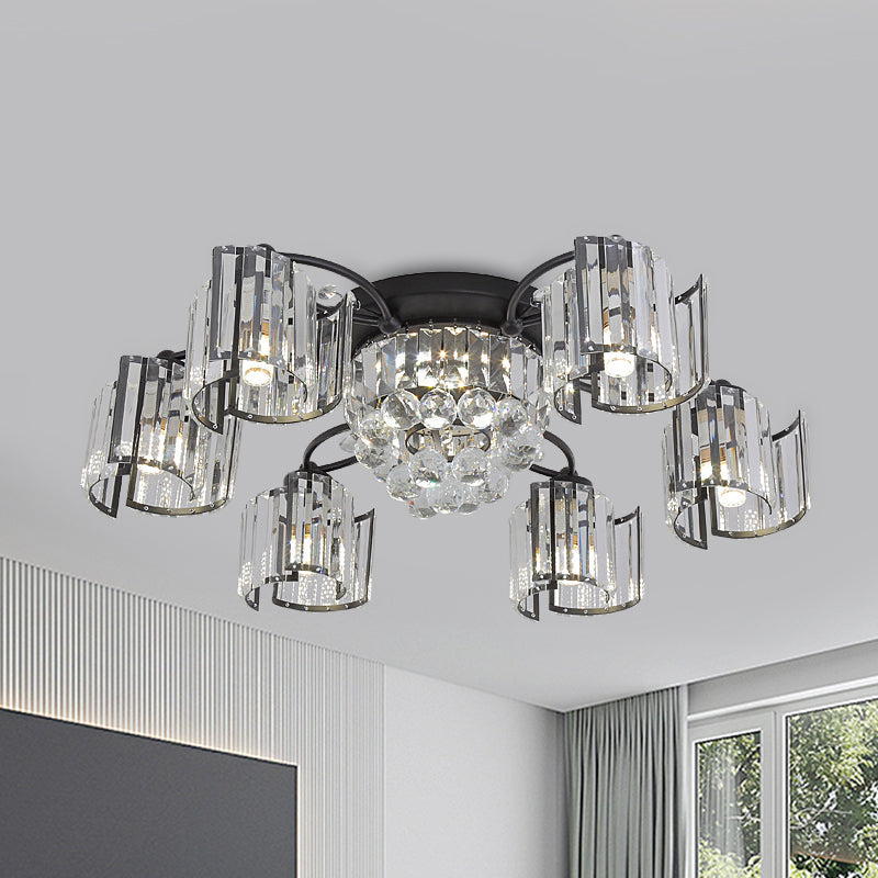 Contemporary Clear Crystal Block Semi-Mount 4/6-Light Fixture - Black Finish