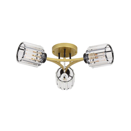 Contemporary K9 Crystal Gold Flushmount Light Fixture - Cylindrical Design, 3/6 Heads