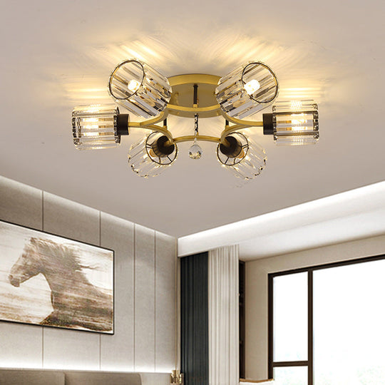 Contemporary K9 Crystal Gold Flushmount Light Fixture - Cylindrical Design 3/6 Heads