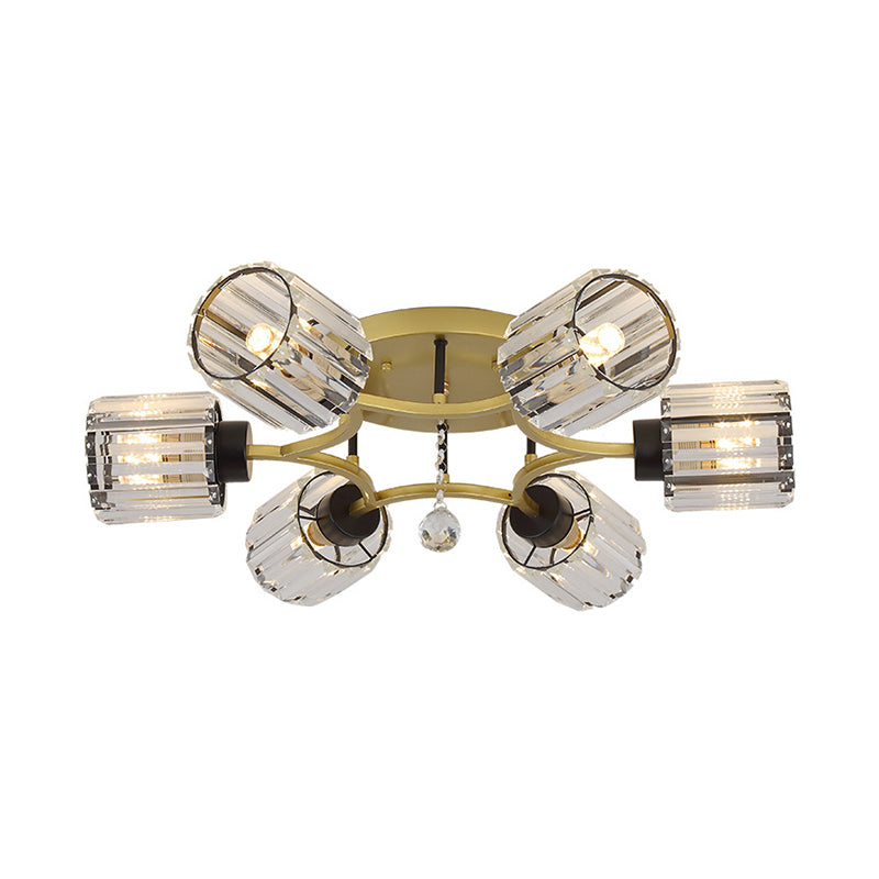 Contemporary K9 Crystal Gold Flushmount Light Fixture - Cylindrical Design, 3/6 Heads