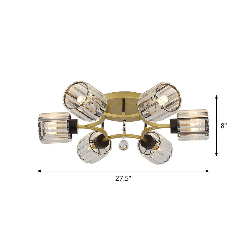 Contemporary K9 Crystal Gold Flushmount Light Fixture - Cylindrical Design, 3/6 Heads