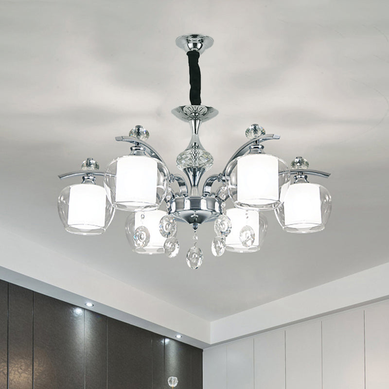 Modern Chrome Sputnik Chandelier With Clear Glass & Crystal Drops - 6-Light Pendant For Bedroom