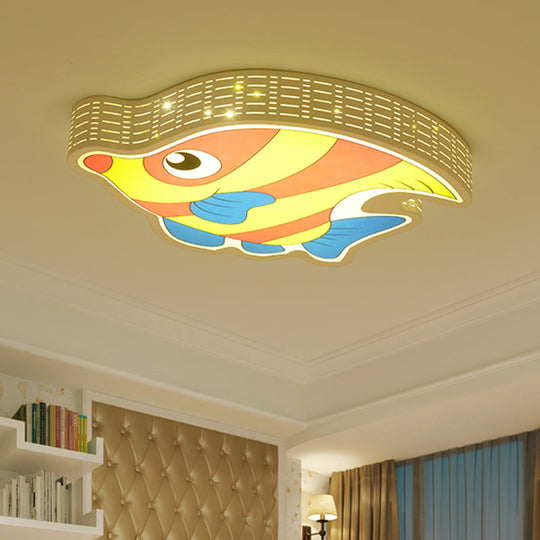 Fishy Fun: LED Kids Bedroom Flush Mount Lamp with Cartoon Yellow Acrylic Shade