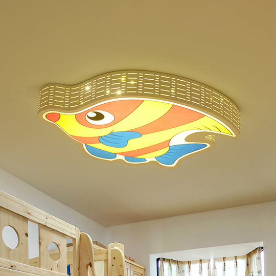 Fishy Fun: LED Kids Bedroom Flush Mount Lamp with Cartoon Yellow Acrylic Shade