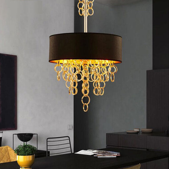 Modern Metal 3-Light Ceiling Chandelier with Multi Rings: Black and Gold Contemporary Pendant featuring Drum Fabric Shade