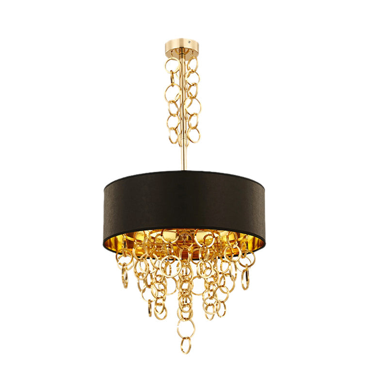 Modern Metal 3-Light Ceiling Chandelier with Multi Rings: Black and Gold Contemporary Pendant featuring Drum Fabric Shade