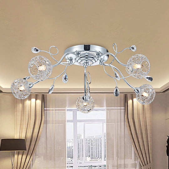 Contemporary Chrome LED Semi Mount Ceiling Light with Metal Mesh Shade – Stylish 5-Light Fixture for Living Room