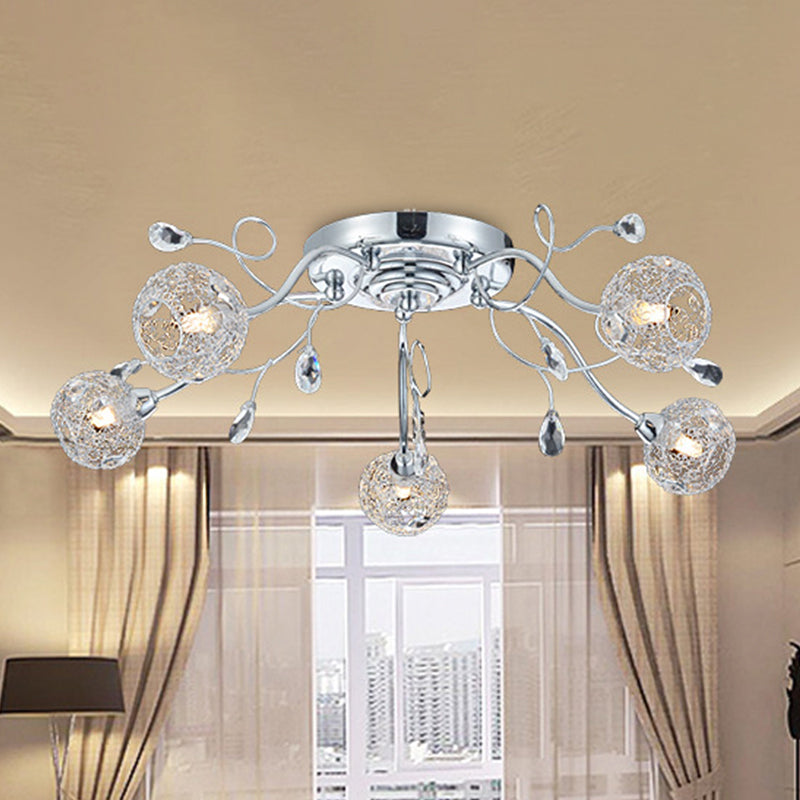 Contemporary Chrome Led Semi Mount Ceiling Light With Metal Mesh Shade Stylish 5-Light Fixture For