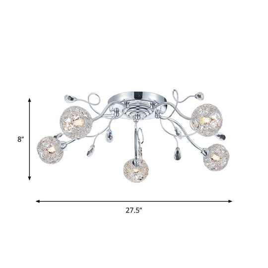 Contemporary Chrome LED Semi Mount Ceiling Light with Metal Mesh Shade – Stylish 5-Light Fixture for Living Room