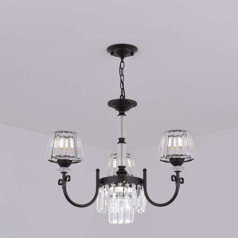 Modern Black Crystal Chandelier With Tapered Suspension - 3/6 Heads For Dining Room Lighting