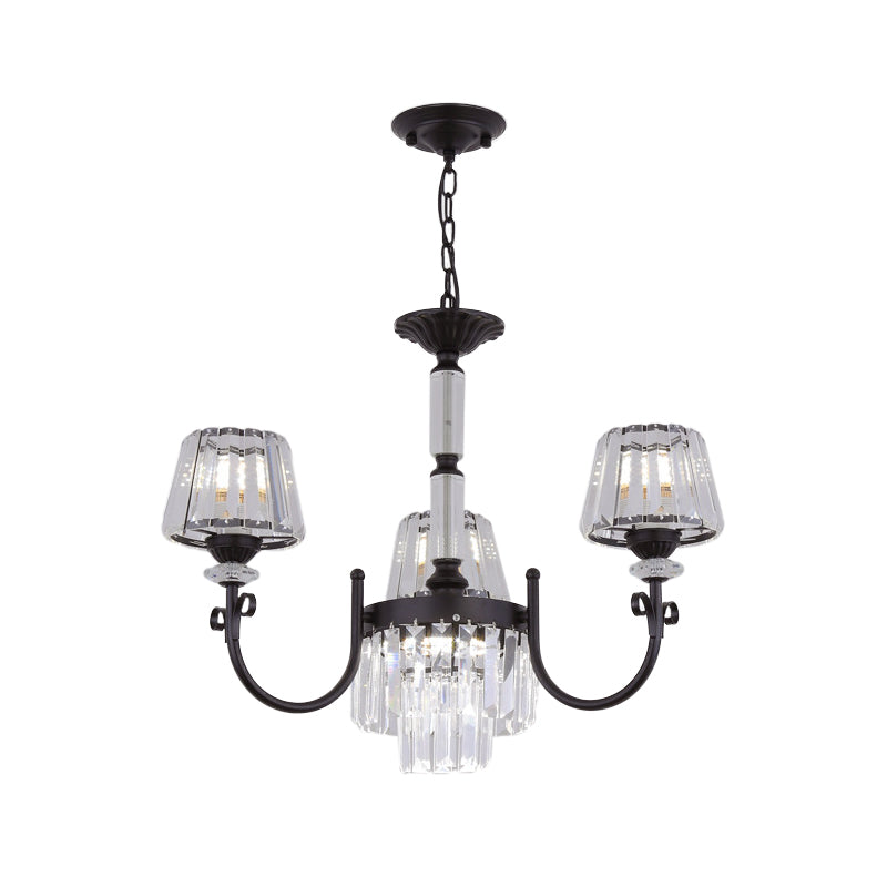 Modern Tapered Crystal Suspension Light with 3/6 Heads - Black Dining Room Chandelier Lamp