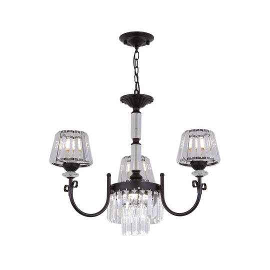 Modern Black Crystal Chandelier With Tapered Suspension - 3/6 Heads For Dining Room Lighting