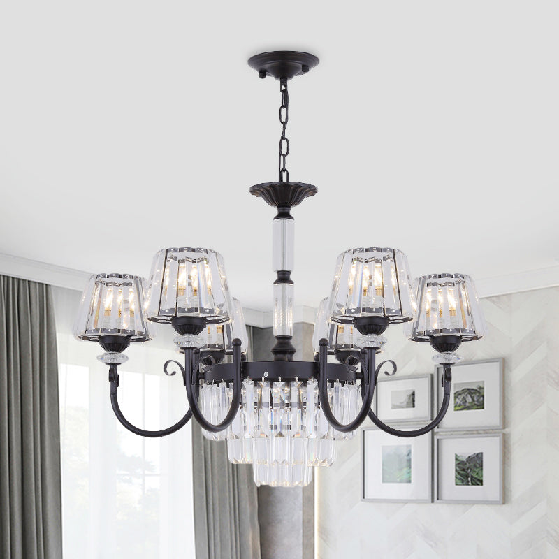 Modern Tapered Crystal Suspension Light with 3/6 Heads - Black Dining Room Chandelier Lamp