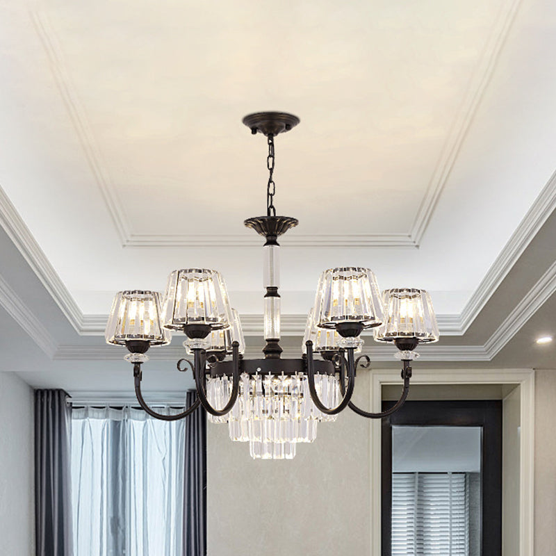 Modern Tapered Crystal Suspension Light with 3/6 Heads - Black Dining Room Chandelier Lamp