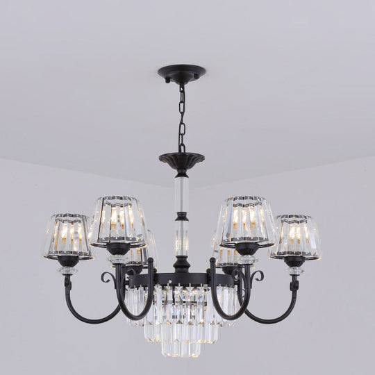 Modern Black Crystal Chandelier With Tapered Suspension - 3/6 Heads For Dining Room Lighting