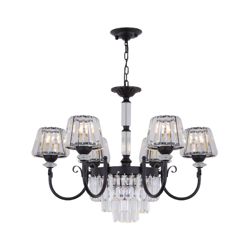 Modern Black Crystal Chandelier With Tapered Suspension - 3/6 Heads For Dining Room Lighting