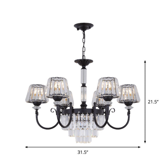 Modern Black Crystal Chandelier With Tapered Suspension - 3/6 Heads For Dining Room Lighting