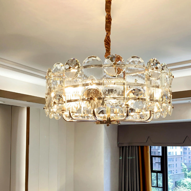 Halo Crystal Pendant Chandelier - 8 Bulbs Minimalist Design Clear Beveled Crystals Ceiling Lighting