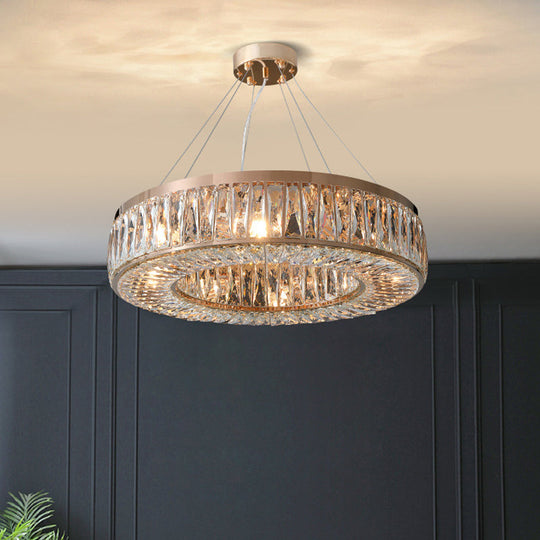 Contemporary Gold Chandelier with Ring Crystal Shade - 6 Bulbs Hanging Pendant Light for Bedroom