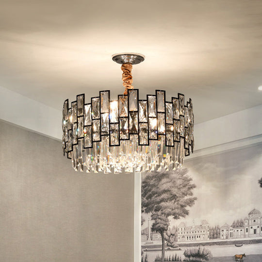 Contemporary Black 9-Head Suspension Chandelier With Clear Crystal Prism