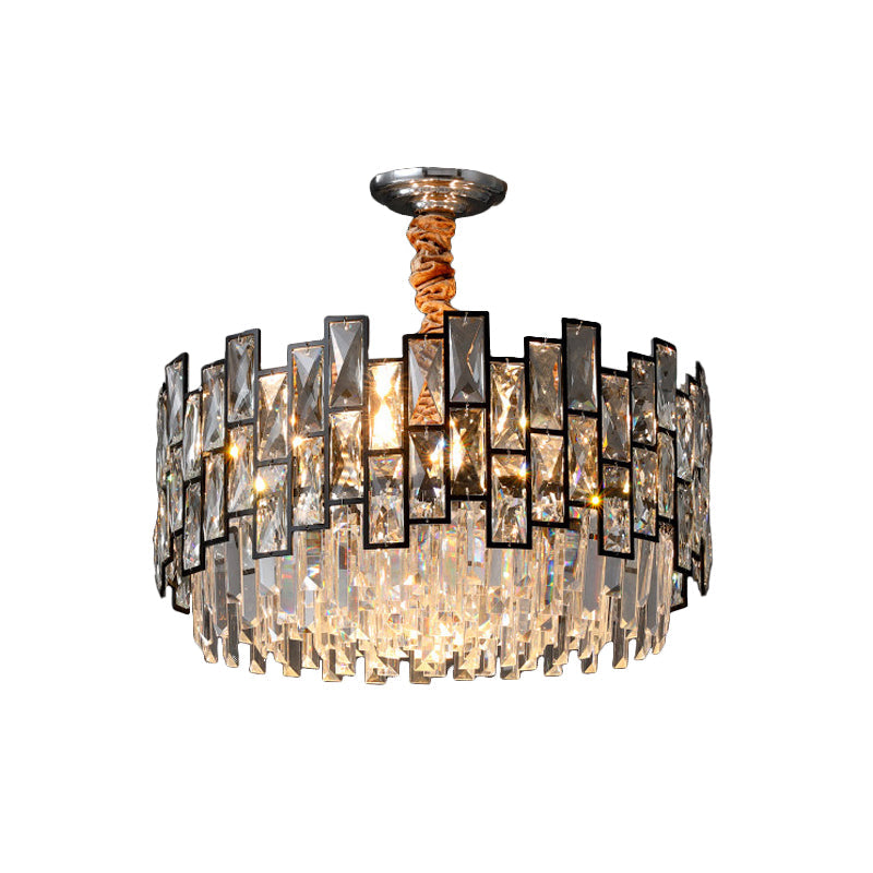 Contemporary Black 9-Head Suspension Chandelier With Clear Crystal Prism