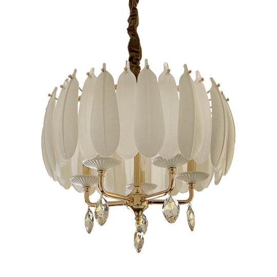 Minimalist Crystal Pendant Chandelier With 5 Bulbs For Bedroom - White Glass And Ceramic Feather