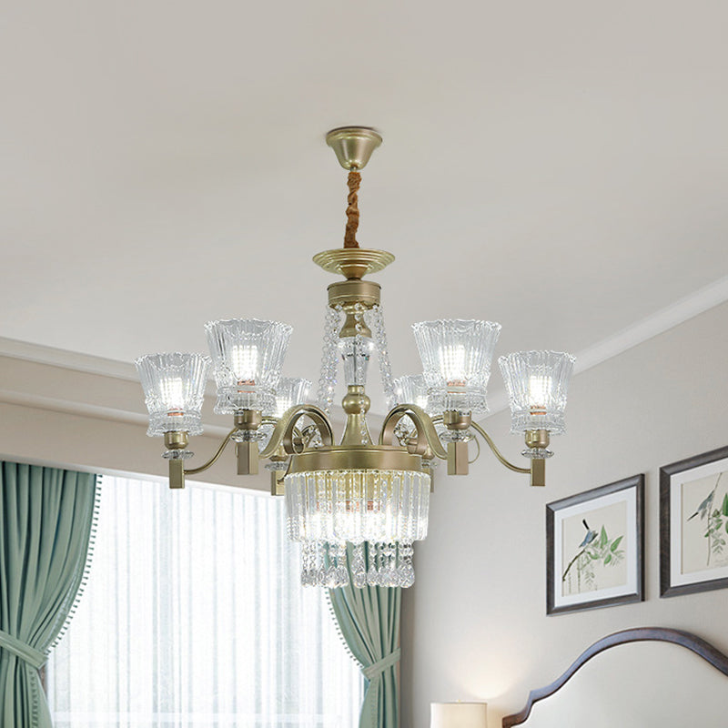 Modern Gold Crystal Chandelier Pendant Lamp with Clear Conical Shades - 6/9-Head Light Fixture for Bedroom