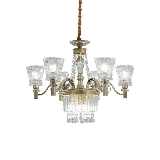 Modern Gold Crystal Chandelier Pendant Lamp with Clear Conical Shades - 6/9-Head Light Fixture for Bedroom